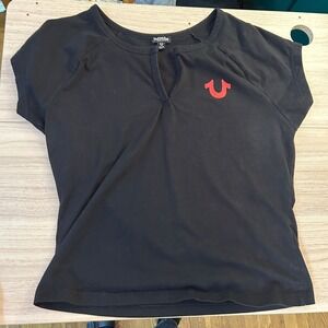 True Religion Raglan Henley Black Red Graphic Tee XL